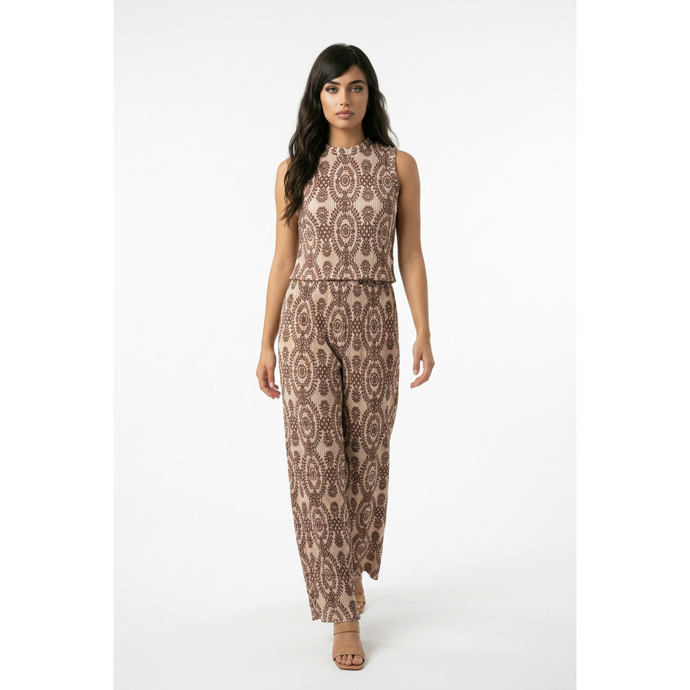 Love Poem Crinkle Set Boho Medallion Crop Top & Wide Leg Pants Taupe Size Small
